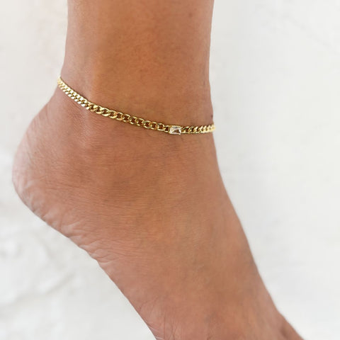 14k Gold Plated Crystal Curb Chain Anklet