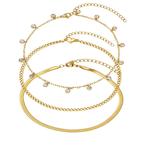 Tarnish Resistant 18k Gold Plated Three Chain Anklet Set