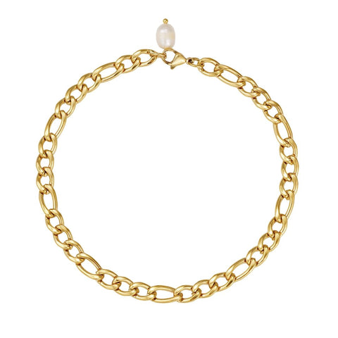 Tarnish Resistant 18k Gold Plated Figaro Chain Freshwater Pearl Anklet