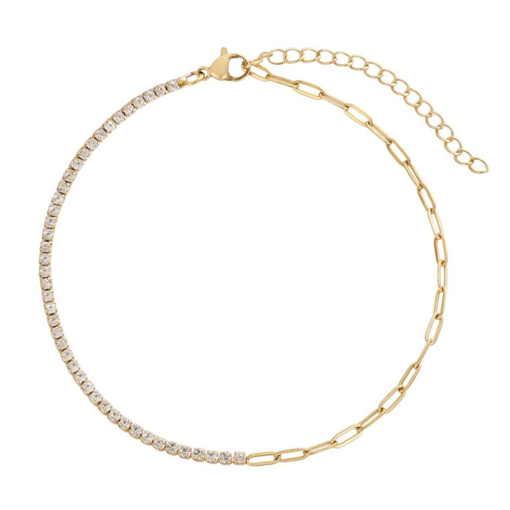 Tarnish Resistant 18k Gold Plated Half Tennis and Paperclip Chain Anklet