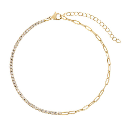 Tarnish Resistant 18k Gold Plated Half Tennis and Paperclip Chain Anklet
