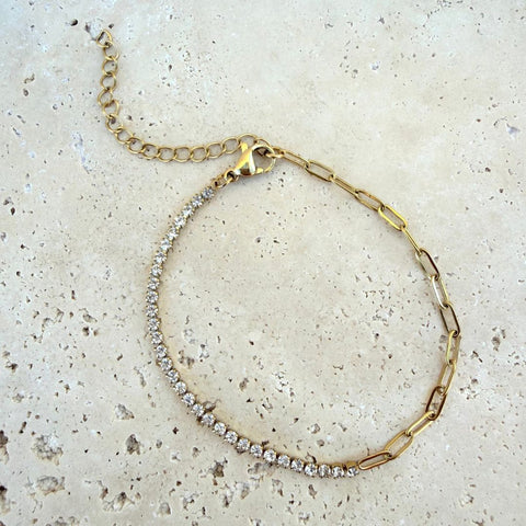 Tarnish Resistant 18k Gold Plated Half Tennis and Paperclip Chain Anklet