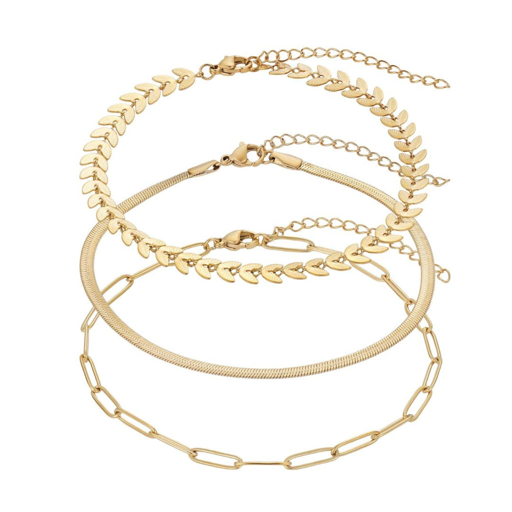 Tarnish Resistant 18k Gold Plated Set of Three Adjustable Chain Anklets
