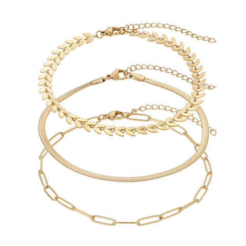 Tarnish Resistant 18k Gold Plated Set of Three Adjustable Chain Anklets