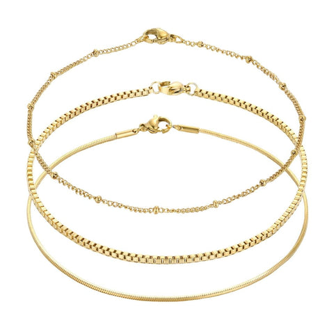 Tarnish Resistant 18k Gold Plated Set of 3 Chain Anklets