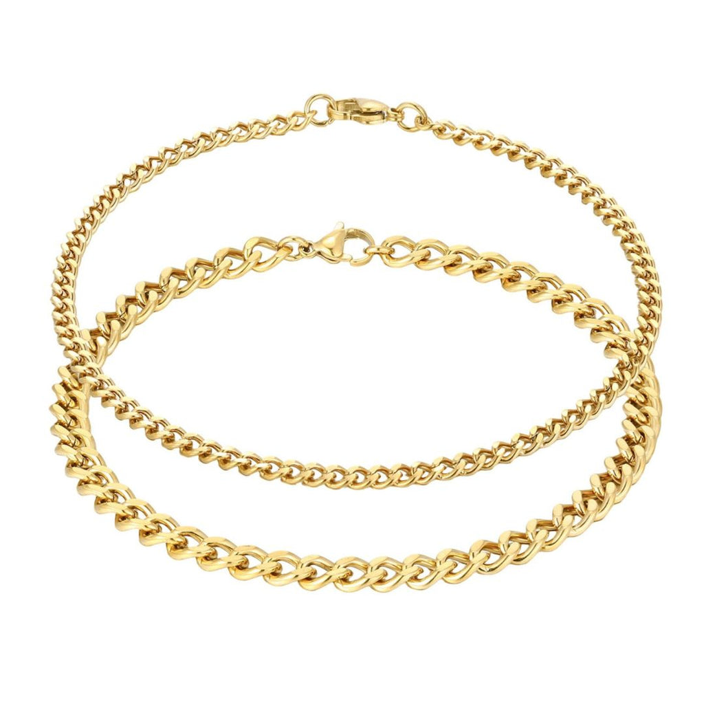 Tarnish Resistant 18k Gold Plated Set of 2 6mm and 3.5mm Curb Chain Anklet Set