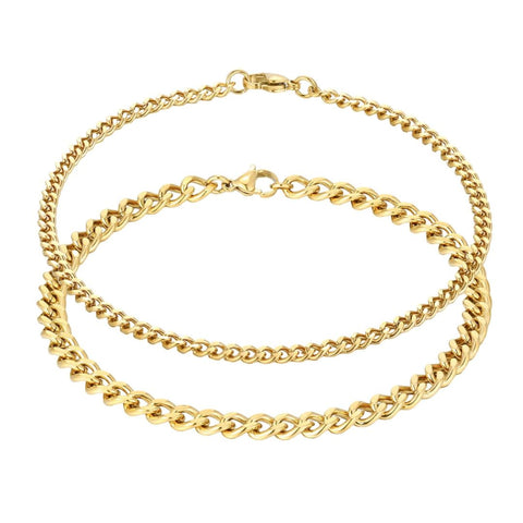 Tarnish Resistant 18k Gold Plated Set of 2 6mm and 3.5mm Curb Chain Anklet Set