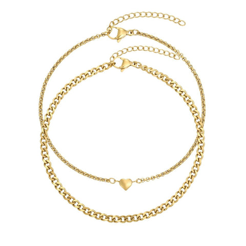Tarnish Resistant 18k Gold Plated Set of 2 Heart and Curb Chain Anklet Set