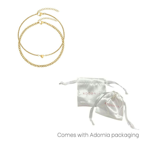 Tarnish Resistant 18k Gold Plated Set of 2 Heart and Curb Chain Anklet Set