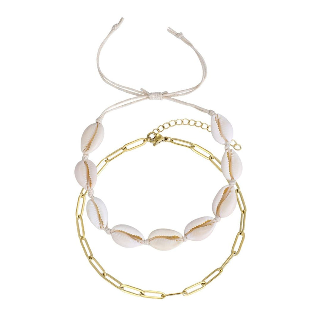 Tarnish Resistant 18k Gold Plated Set of 2 Adjustable Shell and Paperclip Link Anklet Set