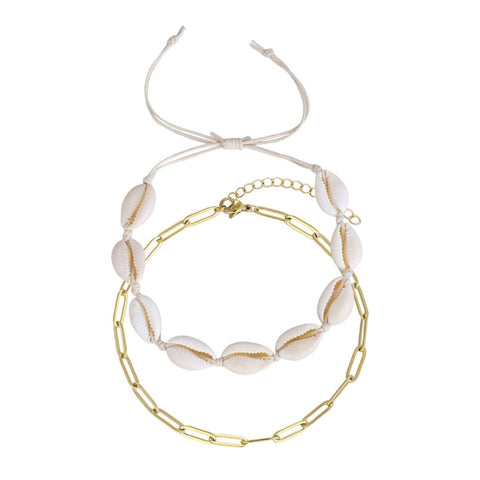 Tarnish Resistant 18k Gold Plated Set of 2 Adjustable Shell and Paperclip Link Anklet Set