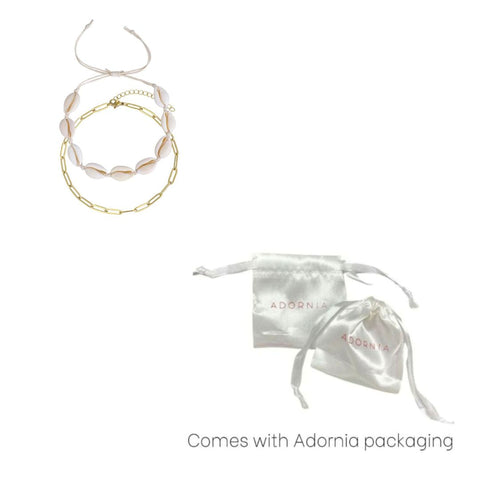 Tarnish Resistant 18k Gold Plated Set of 2 Adjustable Shell and Paperclip Link Anklet Set