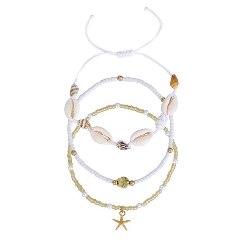 Set of 3 Shell and Bead Anklet Set