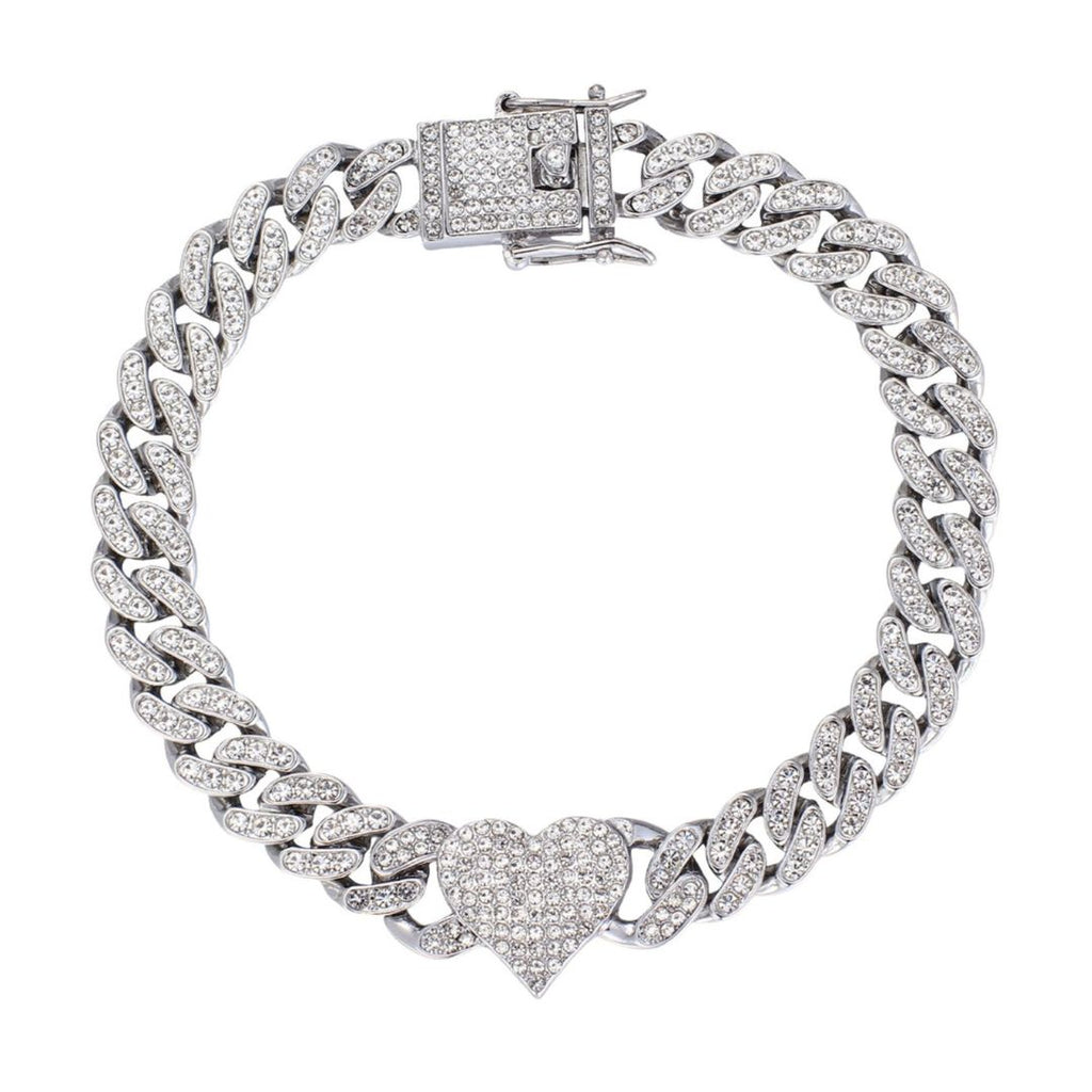 Silver Plated Chunky CZ Heart Curb Chain Anklet