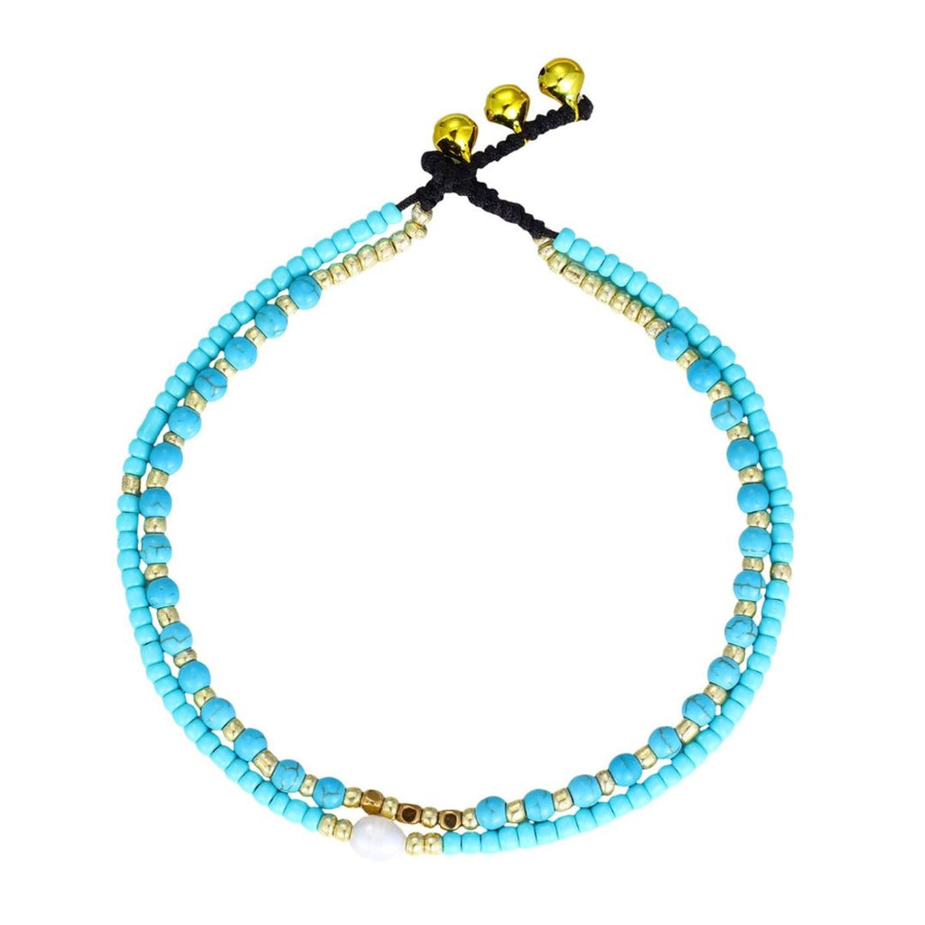 Set of 2 Turquoise Bead and Freshwater Pearl Adjustable Anklet Set