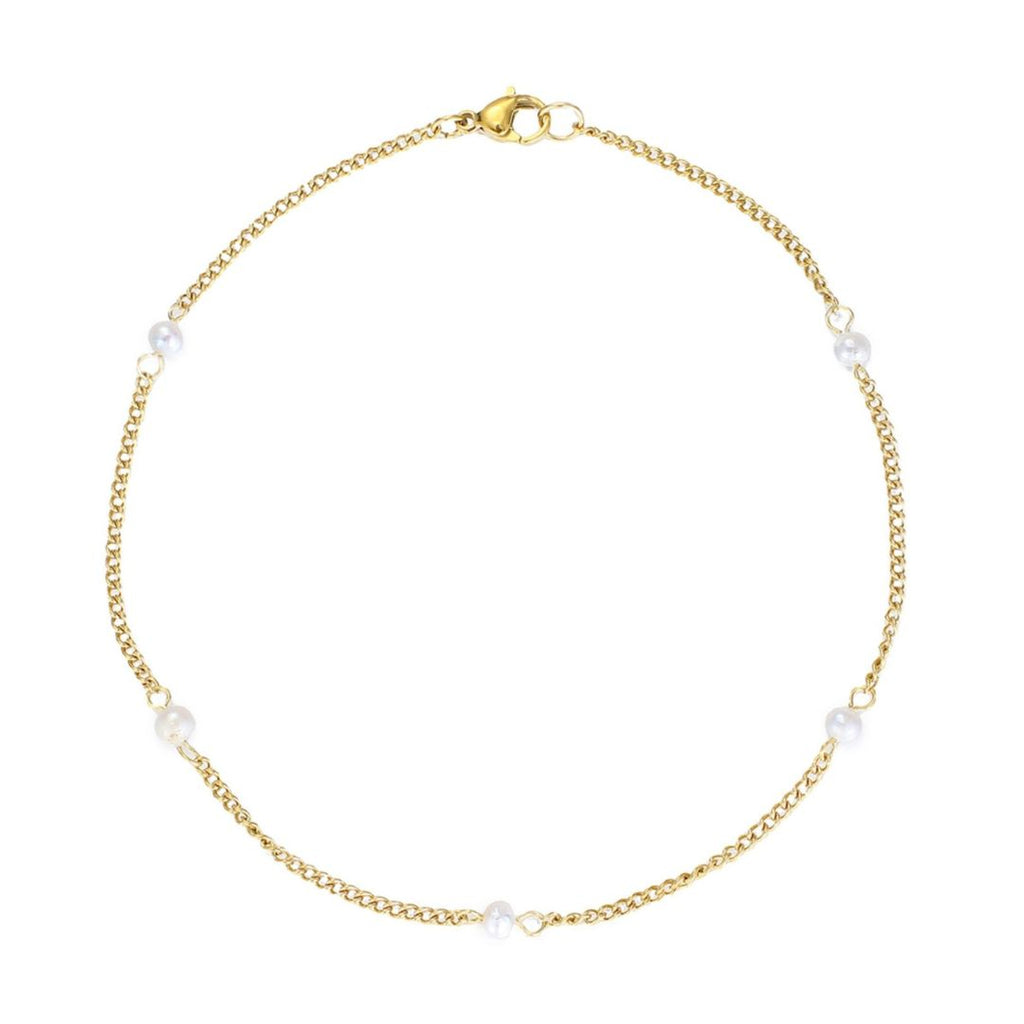 Tarnish Resistant 18k Gold Plated Freshwater Pearl Station Anklet