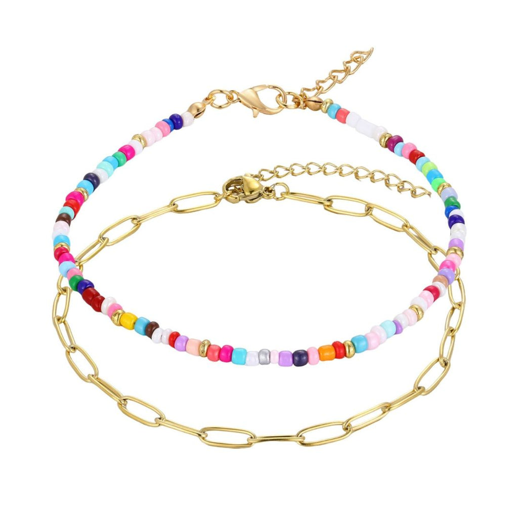 Tarnish Resistant 18k Gold Plated Paperclip and Color Bead Anklet Set