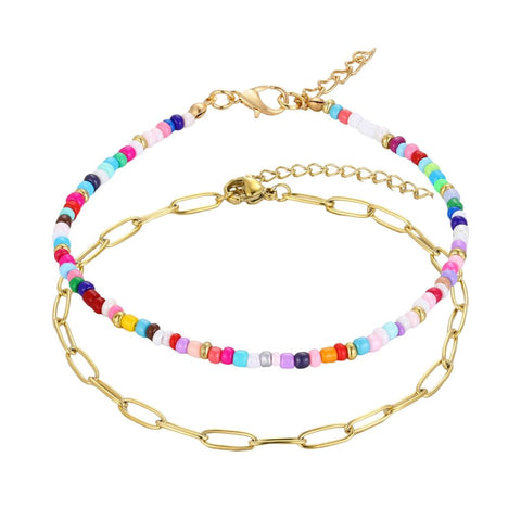 Tarnish Resistant 18k Gold Plated Paperclip and Color Bead Anklet Set