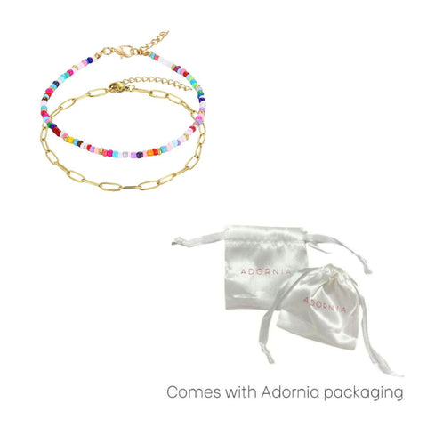 Tarnish Resistant 18k Gold Plated Paperclip and Color Bead Anklet Set