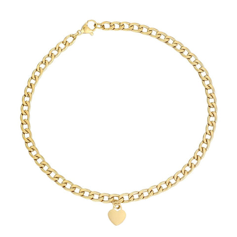 Tarnish Resistant 18k Gold Plated Curb Link Anklet with Dangling Heart