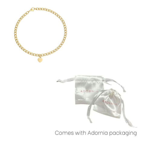 Tarnish Resistant 18k Gold Plated Curb Link Anklet with Dangling Heart