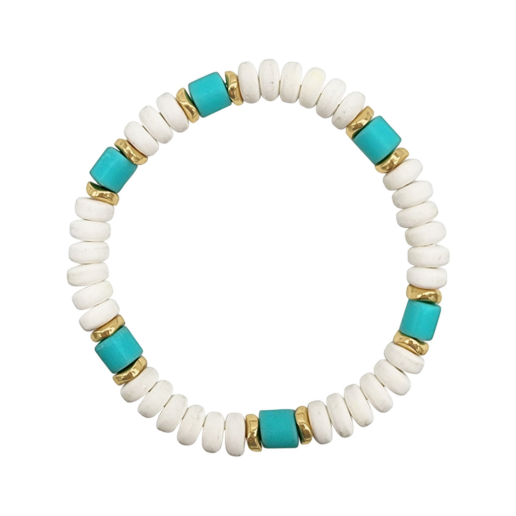 White Turquoise Gold Bead Stretch Bracelet