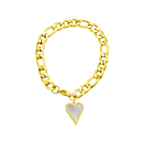 Tarnish Resistant 14K Gold Plated Stainless Steel Figaro Bracelet With Crystal Halo Mother-of-Pearl Heart