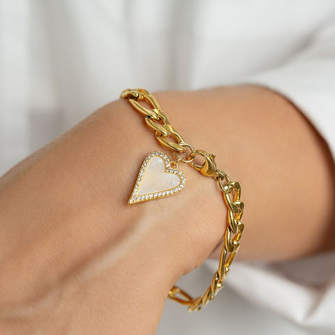 Tarnish Resistant 14K Gold Plated Stainless Steel Figaro Bracelet With Crystal Halo Mother-of-Pearl Heart