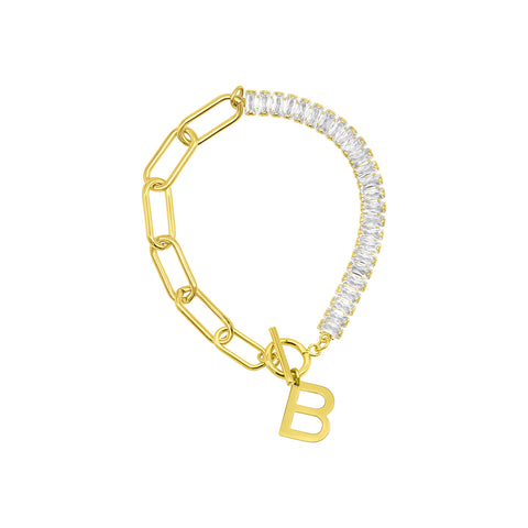 14 Gold Plated Half Crystal And Half Paperclip Initial Toggle Bracelet