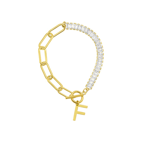 14 Gold Plated Half Crystal And Half Paperclip Initial Toggle Bracelet