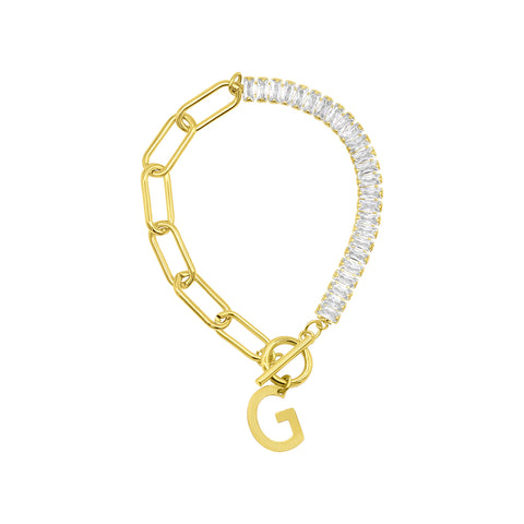 14 Gold Plated Half Crystal And Half Paperclip Initial Toggle Bracelet