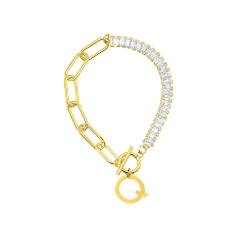 14 Gold Plated Half Crystal And Half Paperclip Initial Toggle Bracelet