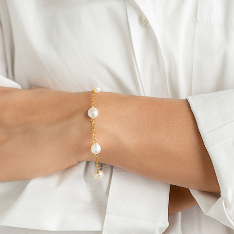 Tarnish Resistant 14K Gold Plated or Silver Plated Adjustable Station Freshwater Pearl Bracelet