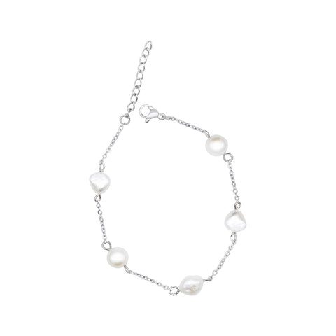 Tarnish Resistant 14K Gold Plated or Silver Plated Adjustable Station Freshwater Pearl Bracelet