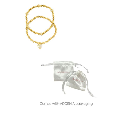 14k Gold Plated Pair of Bead Bracelets with Crystal Heart