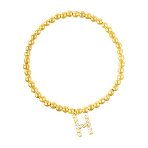 14k Gold Plated Stretch Bead Bracelet with Pearl Letter