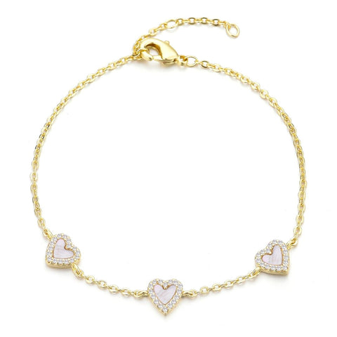 14k Gold Plated Mother of Pearl Mini Halo CZ Heart Bracelet