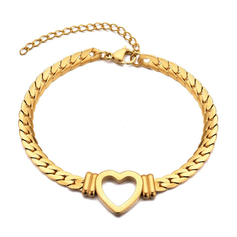 Tarnish Resistant 18k Gold Plated Flat Curb Chain Heart Bracelet