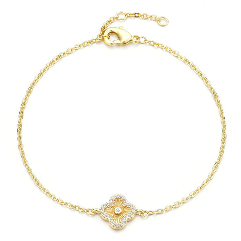 14k Gold Plated Button Clover CZ Halo Bracelet