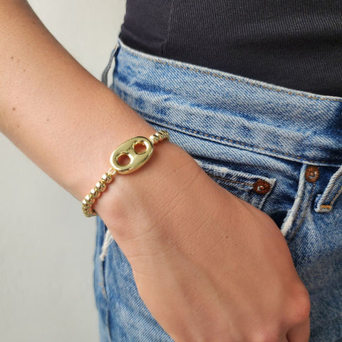 14k Gold Plated Mariner Link Stretch Bead Bracelet
