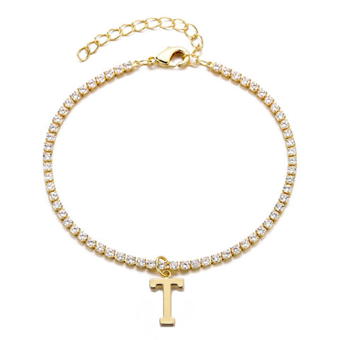 14k Gold Plated Tennis Bracelet with Initial Charm