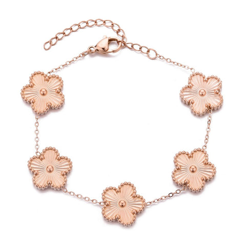 Tarnish Resistant 14k Rose Gold Plated 5-Leaf Clover Station Bracelet