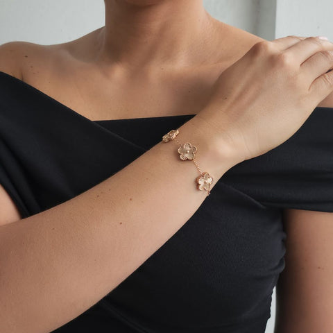 Tarnish Resistant 14k Rose Gold Plated 5-Leaf Clover Station Bracelet
