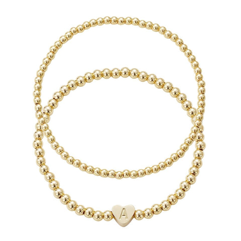 14k Gold Plated Ball Bead Initial Bracelet Set