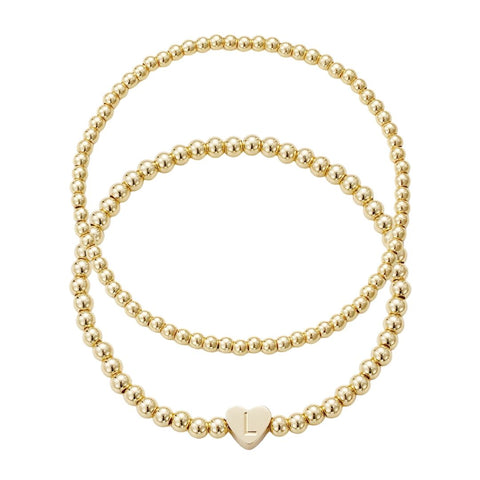 14k Gold Plated Ball Bead Initial Bracelet Set