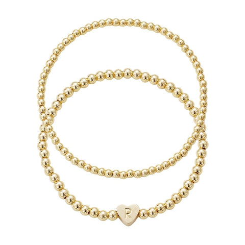 14k Gold Plated Ball Bead Initial Bracelet Set