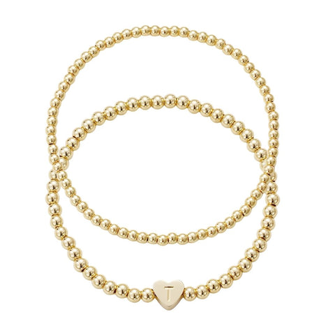 14k Gold Plated Ball Bead Initial Bracelet Set