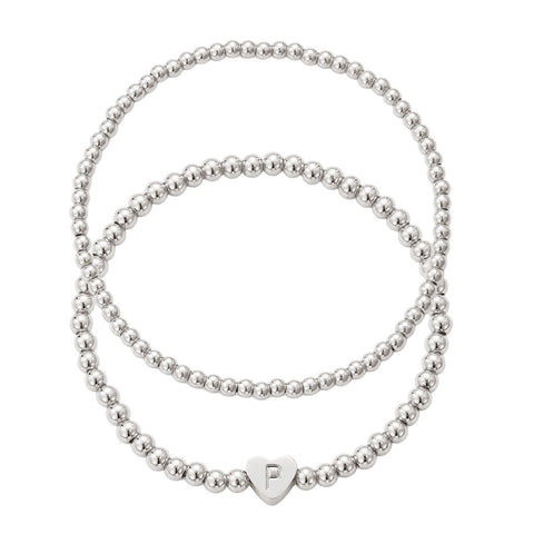 Silver Plated Ball Bead Initial Bracelet Set