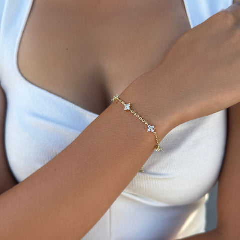 14k Yellow Gold Plated CZ Flower Station Bracelet