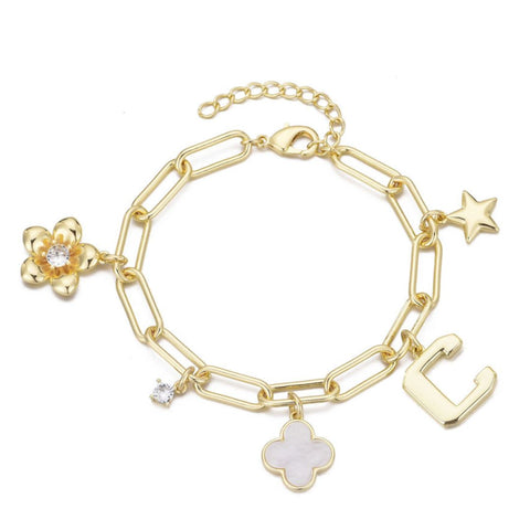 14k Yellow Gold Plated Initial Chunky Charm Bracelet